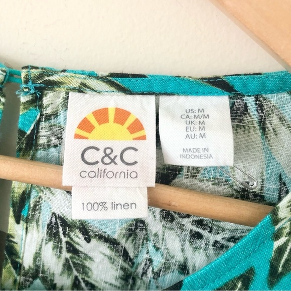 C&C California 100% Linen Palm Print Shift Pullover Sleeveless Dress Size Medium - Picture 3 of 8